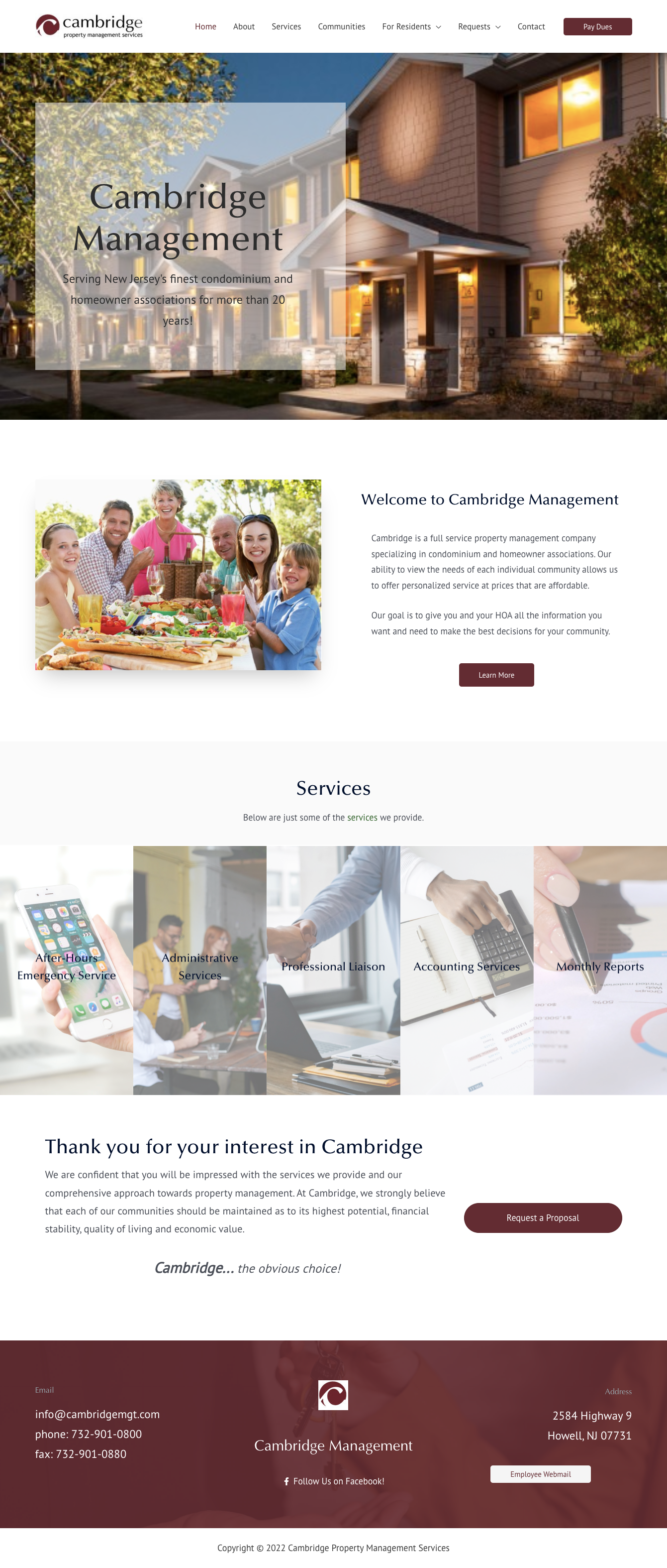 Screen capture of Cambridge Management website with burgundy color scheme